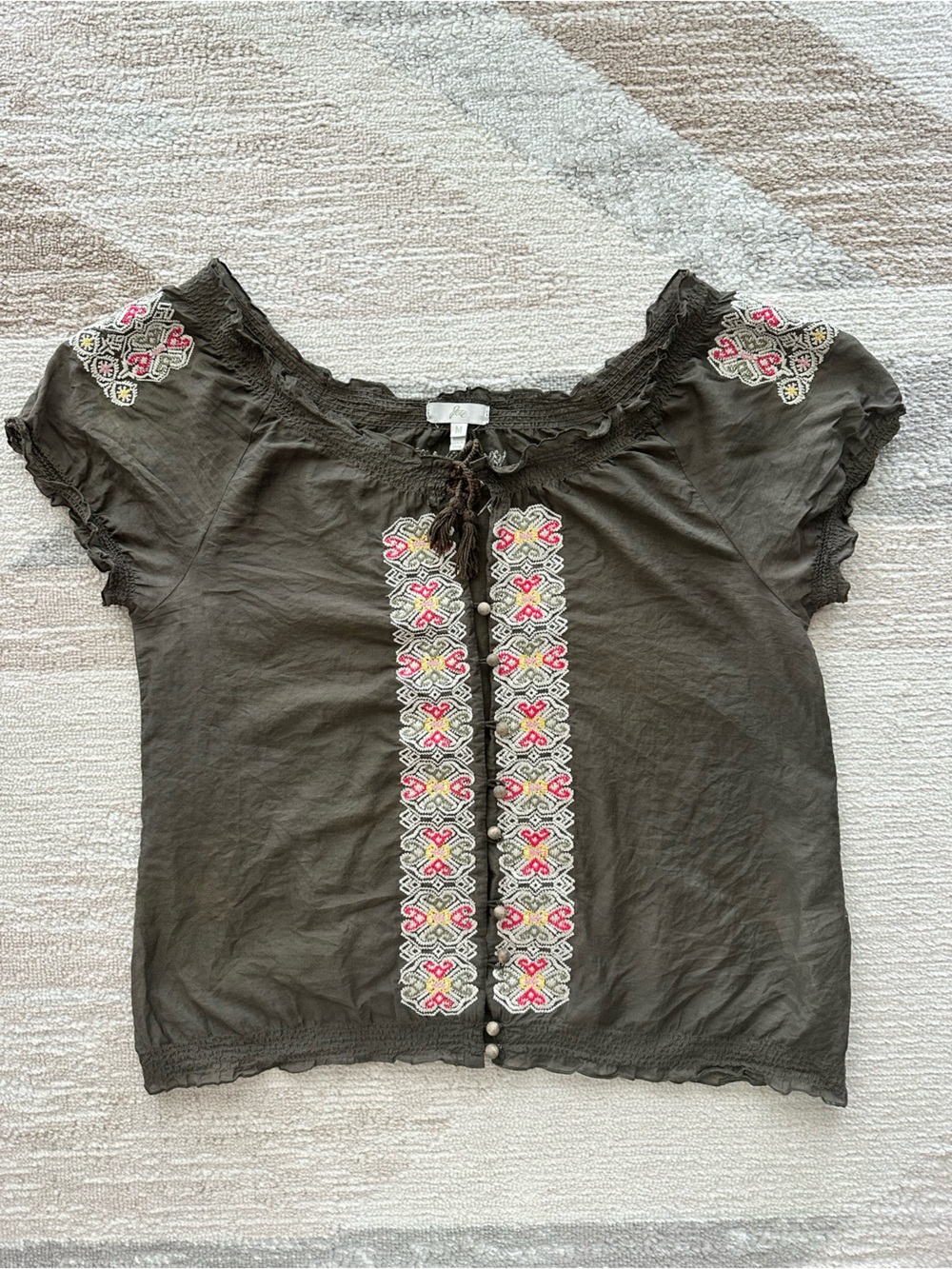 Joie Vintage Olive Green Embroidered Silk Blend Blouse Size M